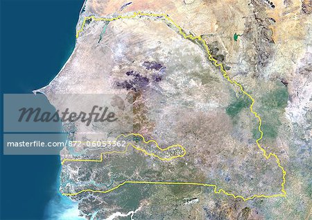 Senegal, Africa, True Colour Satellite Image With Border. Satellite view of Senegal (with border). This image was compiled from data acquired by LANDSAT 5 & 7 satellites.