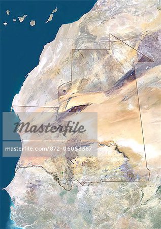 Mauretanien, Afrika, wahre Farbe-Satellitenbild mit Rahmen und Maske. Satellitenaufnahme von Mauretanien (mit Rahmen und Maske). Dieses Bild wurde aus Daten von Satelliten LANDSAT 5 & 7 erworbenen zusammengestellt.