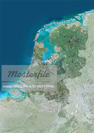 Netherlands, Europe, True Colour Satellite Image With Mask. Satellite view of the Netherlands (with mask). This image was compiled from data acquired by LANDSAT 5 & 7 satellites.