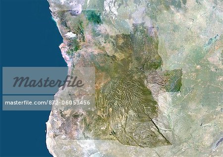 Angola, Afrika, True Colour-Satellitenbild mit Maske. Satellitenaufnahme von Angola (mit Maske). Dieses Bild wurde aus Daten von Satelliten LANDSAT 5 & 7 erworbenen zusammengestellt.