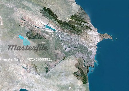 Azerbaijan, Asia, True Colour Satellite Image With Mask. Satellite view of Azerbaijan (with mask). This image was compiled from data acquired by LANDSAT 5 & 7 satellites.