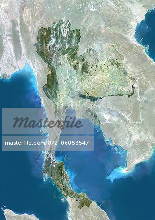 Thaïlande, Asie, véritable couleur Satellite Image avec masque. Vue satellite de la Thaïlande (avec masque). Cette image a été compilée à partir de données acquises par les satellites LANDSAT 5 & 7.