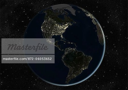 Globe Centred On The Americas, True Colour Satellite Image. True colour satellite image of the Earth centred on the Americas, during winter solstice at 6 a.m GMT. This image in orthographic projection was compiled from data acquired by LANDSAT 5 & 7 satellites.