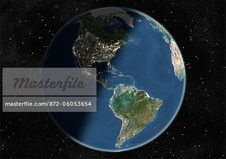Globe Centred On The Americas, True Colour Satellite Image. True colour satellite image of the Earth centred on the Americas, during winter solstice at 12 a.m GMT. This image in orthographic projection was compiled from data acquired by LANDSAT 5 & 7 satellites.