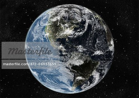 Monde centré sur les Amériques, True Image Satellite en couleurs. Image satellite de véritable couleur de la terre, centrée sur les Amériques avec la couverture nuageuse, durant le solstice d'hiver, à 12 heures GMT. Cette image dans une projection orthographique a été compilée à partir de données acquises par les satellites LANDSAT 5 & 7.