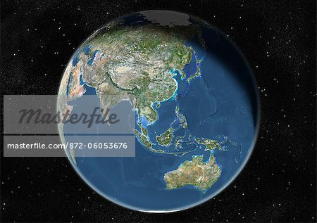 Globe Centred On Asia And Oceania, True Colour Satellite Image. True colour satellite image of the Earth centred on Asia and Oceania, during winter solstice at 6 a.m GMT. This image in orthographic projection was compiled from data acquired by LANDSAT 5 & 7 satellites.