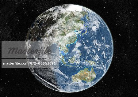 Monde centré sur l'Asie et l'Océanie, True Image Satellite en couleurs. Image satellite de véritable couleur de la terre, centrée sur l'Asie et l'Océanie avec couverture nuageuse, à l'équinoxe à 12 heures GMT. Cette image dans une projection orthographique a été compilée à partir de données acquises par les satellites LANDSAT 5 & 7.