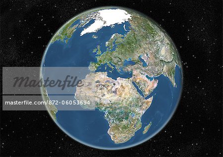 Globe Centred On Europe And Africa, True Colour Satellite Image. True colour satellite image of the Earth centred on Europe and Africa, during summer solstice at 12 a.m GMT. This image in orthographic projection was compiled from data acquired by LANDSAT 5 & 7 satellites.