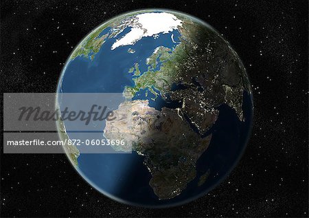 Monde centré sur l'Europe et l'Afrique, True Image Satellite en couleurs. Image satellite de véritable couleur de la terre centrée sur l'Europe et l'Afrique, pendant le solstice d'été à 6 heures GMT. Cette image dans une projection orthographique a été compilée à partir de données acquises par les satellites LANDSAT 5 & 7.
