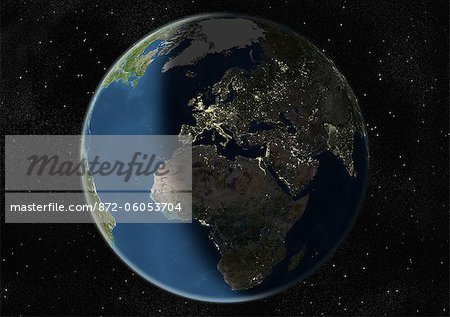 Monde centré sur l'Europe et l'Afrique, True Image Satellite en couleurs. Image satellite de véritable couleur de la terre centrée sur l'Europe et l'Afrique, pendant le solstice d'hiver, à 6 heures GMT. Cette image dans une projection orthographique a été compilée à partir de données acquises par les satellites LANDSAT 5 & 7.