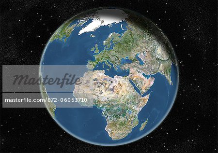 Monde centré sur l'Europe et l'Afrique, True Image Satellite en couleurs. Image satellite de véritable couleur de la terre, centrée sur l'Europe et l'Afrique, à l'équinoxe à 12 heures GMT. Cette image dans une projection orthographique a été compilée à partir de données acquises par les satellites LANDSAT 5 & 7.