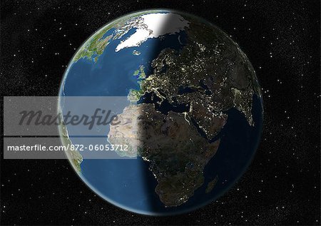 Monde centré sur l'Europe et l'Afrique, True Image Satellite en couleurs. Image satellite de véritable couleur de la terre, centrée sur l'Europe et l'Afrique, à l'équinoxe à 6 heures GMT. Cette image dans une projection orthographique a été compilée à partir de données acquises par les satellites LANDSAT 5 & 7.