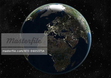 Globe Centred On Europe And Africa, True Colour Satellite Image. True colour satellite image of the Earth centred on Europe and Africa, at the equinox at 12 p.m GMT. This image in orthographic projection was compiled from data acquired by LANDSAT 5 & 7 satellites.