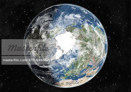 Globus standen den Nordpol, die wahre Farbe Satellitenbild. Echtfarben-Satellitenbild der Erde am Nordpol mit Wolke Abdeckung, während der Sommersonnenwende um 6 Uhr GMT zentriert. Dieses Bild in orthogonale Projektion kompiliert wurde aus Daten von Satelliten LANDSAT 5 & 7 erworben.