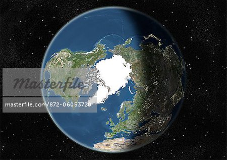Globus standen den Nordpol, die wahre Farbe Satellitenbild. Echtfarben-Satellitenbild der Erde während der Sommersonnenwende um 6 Uhr GMT am Nordpol, im Mittelpunkt. Dieses Bild in orthogonale Projektion kompiliert wurde aus Daten von Satelliten LANDSAT 5 & 7 erworben.