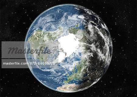Globe Centred On The North Pole, True Colour Satellite Image. True colour satellite image of the Earth centred on the North Pole with cloud coverage, during summer solstice at 6 p.m GMT. This image in orthographic projection was compiled from data acquired by LANDSAT 5 & 7 satellites.