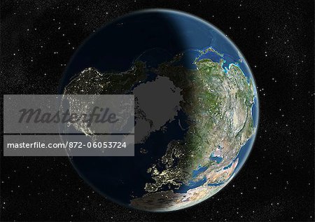 Globe Centred On The North Pole, True Colour Satellite Image. True colour satellite image of the Earth centred on the North Pole, during winter solstice at 6 a.m GMT. This image in orthographic projection was compiled from data acquired by LANDSAT 5 & 7 satellites.