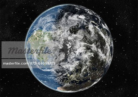 Globe Centred On The North Pole, True Colour Satellite Image. True colour satellite image of the Earth centred on the North Pole with cloud coverage, during winter solstice at 6 p.m GMT. This image in orthographic projection was compiled from data acquired by LANDSAT 5 & 7 satellites.