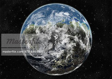Globe Centred On The North Pole, True Colour Satellite Image. True colour satellite image of the Earth centred on the North Pole with cloud coverage, during winter solstice at 12 p.m GMT. This image in orthographic projection was compiled from data acquired by LANDSAT 5 & 7 satellites.