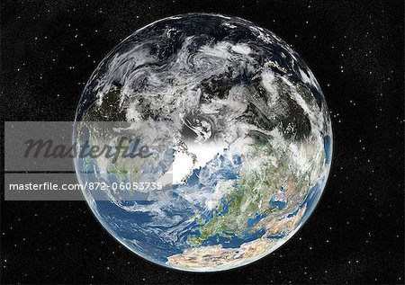 Globe Centred On The North Pole, True Colour Satellite Image. True colour satellite image of the Earth centred on the North Pole with cloud coverage, at the equinox at 12 a.m GMT. This image in orthographic projection was compiled from data acquired by LANDSAT 5 & 7 satellites.