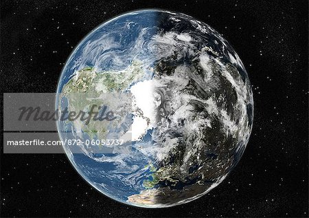 Globe Centred On The North Pole, True Colour Satellite Image. True colour satellite image of the Earth centred on the North Pole with cloud coverage, at the equinox at 6 p.m GMT. This image in orthographic projection was compiled from data acquired by LANDSAT 5 & 7 satellites.