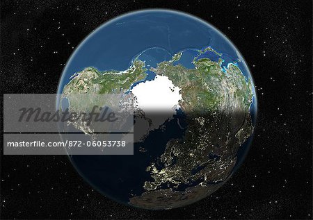 Monde centré sur le pôle Nord, True Image Satellite en couleurs. Image satellite de véritable couleur de la terre autour du pôle Nord, à l'équinoxe à 12 heures GMT. Cette image dans une projection orthographique a été compilée à partir de données acquises par les satellites LANDSAT 5 & 7.