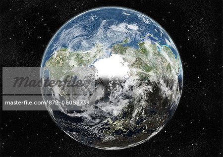 Globus standen den Nordpol, die wahre Farbe Satellitenbild. Echtfarben-Satellitenbild der Erde zentriert am Nordpol mit Wolke Abdeckung, um das Äquinoktium um 12 Uhr GMT. Dieses Bild in orthogonale Projektion kompiliert wurde aus Daten von Satelliten LANDSAT 5 & 7 erworben.