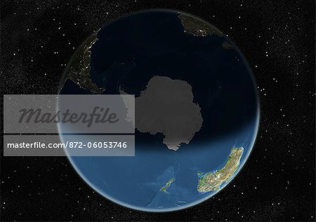 Monde centré sur le pôle Sud, True Image Satellite en couleurs. Image satellite de véritable couleur de la terre centrée sur le pôle Sud, pendant le solstice d'été, à 12 heures GMT. Cette image dans une projection orthographique a été compilée à partir de données acquises par les satellites LANDSAT 5 & 7.