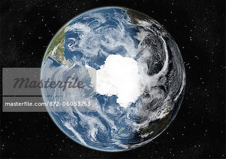 Monde centré sur le pôle Sud, True Image Satellite en couleurs. Image satellite de véritable couleur de la terre centrée sur le pôle Sud avec la couverture nuageuse, durant le solstice d'hiver, à 6 heures GMT. Cette image dans une projection orthographique a été compilée à partir de données acquises par les satellites LANDSAT 5 & 7.