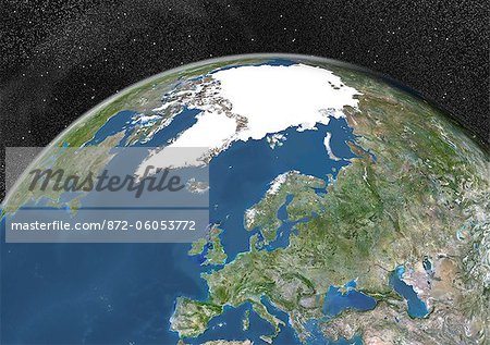 Globe Europe Wahre Farbe Satellitenbild Anzeigen Echtfarben Satellitenbild Der Erde Zeigen Europa Gronland Und Den Nordpol