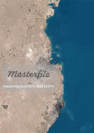 Doha (Qatar), couleur vraie Image-Satellite. Image satellite de véritable couleur de Doha, la capitale du Qatar, situé sur le golfe Persique. Image prise en août 2001, à l'aide de données LANDSAT 7.