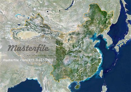 Chine, True Image Satellite couleur avec masque et de la frontière. République populaire de Chine, true image satellite couleur avec masque et de la frontière. Cette image a été compilée à partir de données acquises par les satellites LANDSAT 5 & 7.