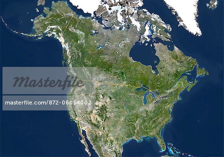 USA (inkl. Alaska), True Colour Satellitenbild mit Rand. USA (inkl. Alaska) und Kanada, true-color-Satellitenbild. Dieses Bild wurde aus Daten von Satelliten LANDSAT 5 & 7 erworbenen zusammengestellt.