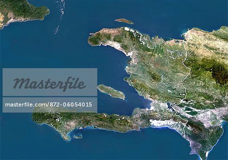 Haïti, Image Satellite couleur vraie avec bordure. Haïti, image satellite couleur vraie avec bordure. Cette image a été compilée à partir de données acquises par les satellites LANDSAT 5 & 7.