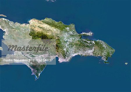 Dominikanische Republik, wahre Farbe Satellitenbild mit Maske und Grenze. Dominikanische Republik, true-color-Satellitenbild mit Maske und Grenze. Dieses Bild wurde aus Daten von Satelliten LANDSAT 5 & 7 erworbenen zusammengestellt.