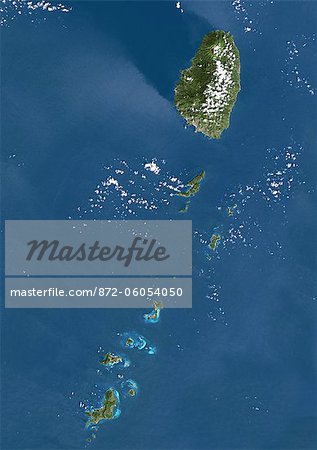 Saint Vincent et les Grenadines, Image Satellite de la couleur vraie. Saint Vincent et les Grenadines, image satellite couleur vraie. L'île principale de Saint-Vincent est en haut. Sud est-les-Grenadines, une chaîne de petites îles s'étendant au sud de Saint-Vincent à Grenade. Cette image a été prise le 4 novembre 2001, par le satellite LANDSAT 7.