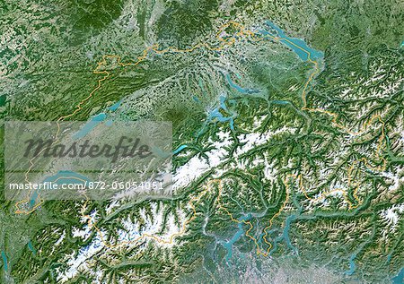 Switzerland, True Colour Satellite Image With Border. Switzerland. Satellite image of the European country of Switzerland, with border. North is at top. This small landlocked country is dominated by the Alps mountains in the south and lakes in the north. Lake Constance is at upper right, Lake Geneva is at lower left. The image used data from LANDSAT 5 & 7 satellites.
