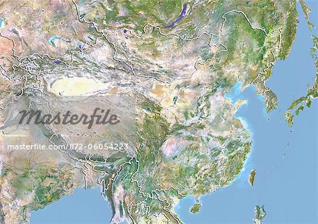 China, Satellite Image With Bump Effect, With Border