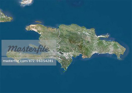 Dominican Republic and Haiti, True Colour Satellite Image With Border