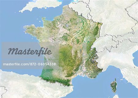 France, Image Satellite avec effet de relief, avec bordure et masque