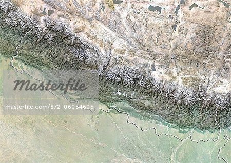 Népal, Image Satellite avec effet de relief, avec bordure