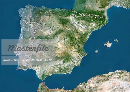 Spain and Portugal, True Colour Satellite Image With Border