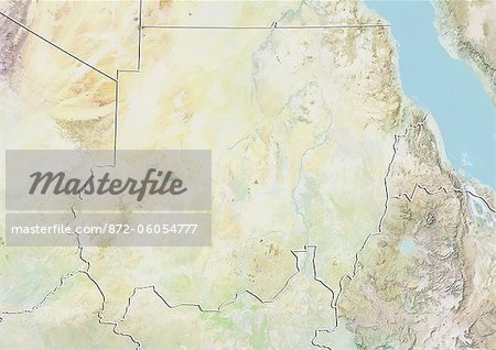 Sudan, Relief Map with Border