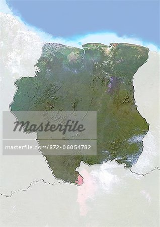 Suriname, Image Satellite avec effet de relief, avec bordure et masque