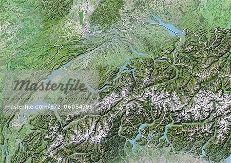 Suisse, Image Satellite avec effet de relief, avec bordure