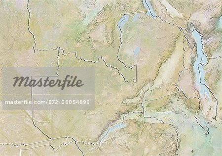 Zambia, Relief Map with Border