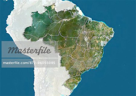 Brazil, True Colour Satellite Image With Boundaries of States