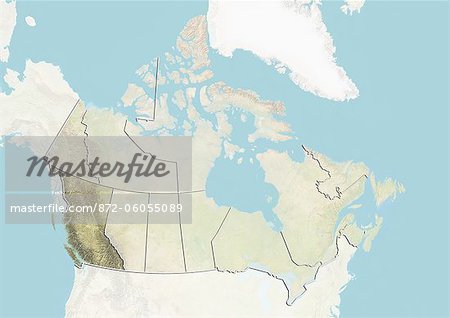 Le Canada et la Colombie-Britannique, carte en Relief