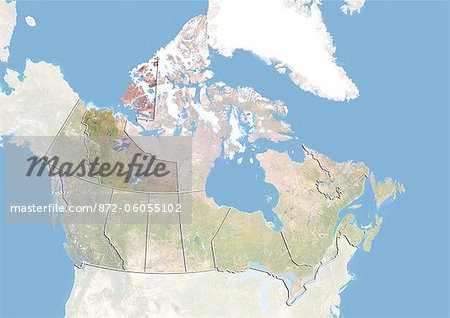 Le Canada et les territoires du Nord-Ouest, Image Satellite avec effet de relief