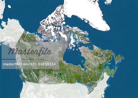 Kanada, True Colour-Satellitenbild mit Grenzen der Provinzen